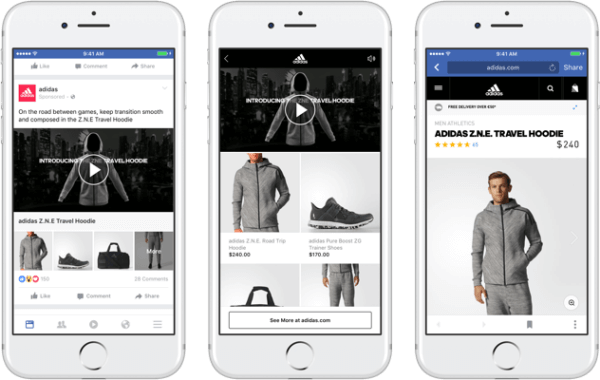 Με τη νέα μορφή διαφήμισης συλλογής του Facebook, οι επωνυμίες μπορούν να διαθέτουν ένα κύριο βίντεο ή εικόνα που οδηγεί σε μια συναρπαστική, γρήγορη εμπειρία αγορών στο Facebook. 
