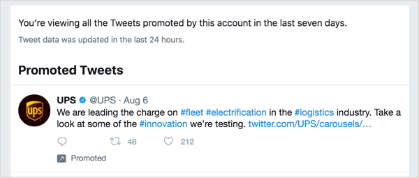 Το ενιαίο προωθημένο tweet της UPS επικεντρώνεται στο πώς οδηγούν την καινοτομία στον κλάδο.