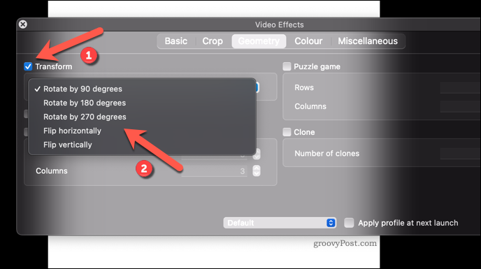 Εφαρμογή εφέ περιστροφής βίντεο σε VLC σε Mac