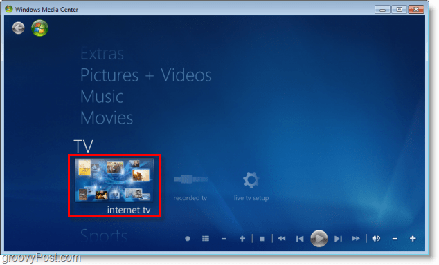 Windows 7 Media Center - κάντε κλικ στο Internet TV