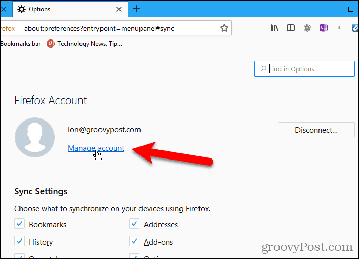 Κάντε κλικ στην επιλογή Διαχείριση λογαριασμού στον Firefox για Windows