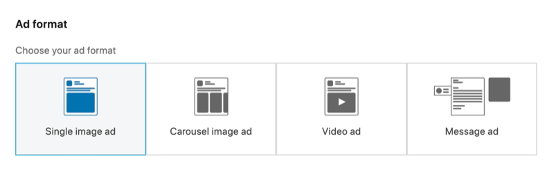 το στιγμιότυπο οθόνης της επιλογής διαφήμισης μεμονωμένης εικόνας επιλέχθηκε για τη μορφή διαφήμισης LinkedIn