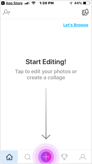 Πατήστε το κουμπί + στην εφαρμογή PicsArt για κινητά.