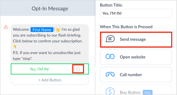 Κάντε κλικ στο κουμπί επιλογής δίπλα στο κουμπί παρότρυνσης για δράση και κάντε κλικ στην επιλογή Αποστολή μηνύματος.