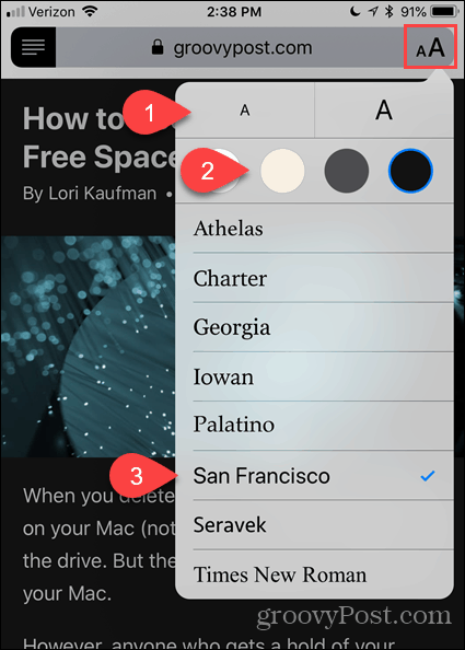 Αλλαγή γραμματοσειράς και χρώματος στην προβολή αναγνωστών στο Safari για iOS