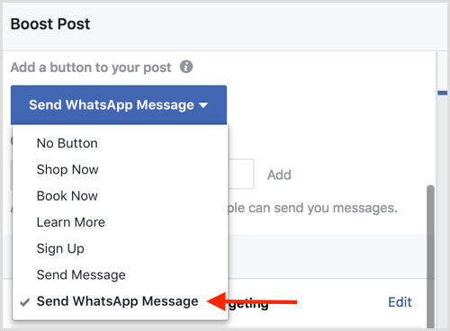 Επιλέξτε την επιλογή Αποστολή μηνύματος WhatsApp όταν ενισχύετε μια ανάρτηση στο Facebook.