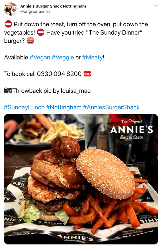 στιγμιότυπο οθόνης της ανάρτησης του twitter από το @original_annies με μια εικόνα ενός burger και πατάτας γλυκοπατάτας με μια ελκυστική περιγραφή, τον αριθμό τηλεφώνου τους, την πιστωτική εικόνα και τα hashtag