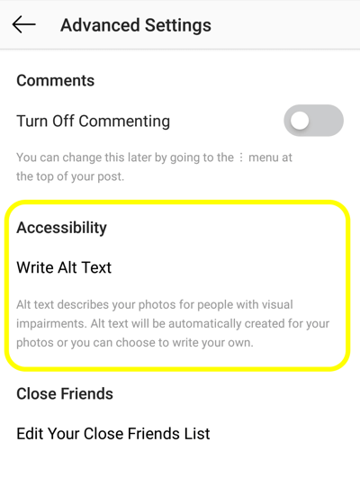 Πώς να προσθέσετε κείμενο alt σε δημοσιεύσεις Instagram, βήμα 2, επιλογή προσβασιμότητας ανάρτησης Instagram για να ορίσετε ετικέτα alt