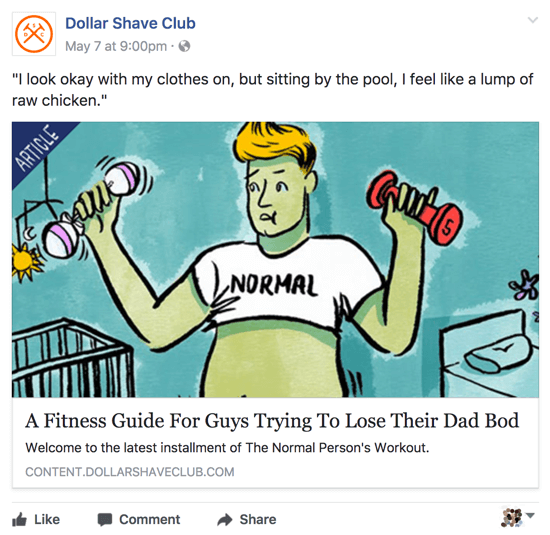 Το Dollar Shave Club μοιράζεται σχετικό και έξυπνο περιεχόμενο στην επιχειρηματική του σελίδα στο Facebook.