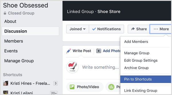 Το Facebook προσθέτει ομάδα σε συντομεύσεις