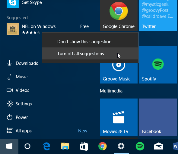 Μενού "Έναρξη" των Windows 10 Απενεργοποιήστε τις Προτεινόμενες εφαρμογές