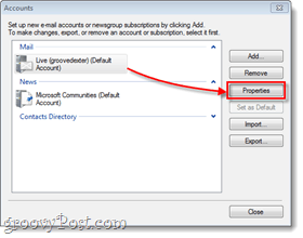 ιδιότητες λογαριασμού αλληλογραφίας των Windows Live Mail