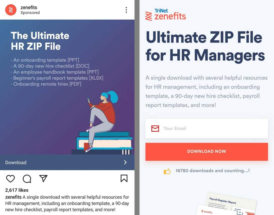 how-to-grow-your-email-list-on-instagram-using-instagram-landing-page-promotes-customer-email-download-cta-call-to-action-automatically-redirects-to-landing-page- zenefits-παράδειγμα-17