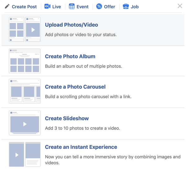 Πώς να ρυθμίσετε την Πρεμιέρα Facebook, βήμα 2, να ανεβάσετε την επιλογή φωτογραφίας / βίντεο