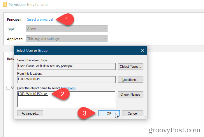 Κάντε κλικ στην επιλογή Επιλογή κύριου και επιλέξτε έναν χρήστη ή μια ομάδα για δικαιώματα στο Μητρώο των Windows