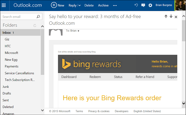 Λάβετε το Oultook.com χωρίς διαφημίσεις όλο το χρόνο με τις ανταμοιβές του Bing