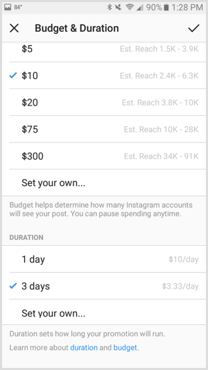 Ορισμός προϋπολογισμού προώθησης διαφημίσεων Instagram