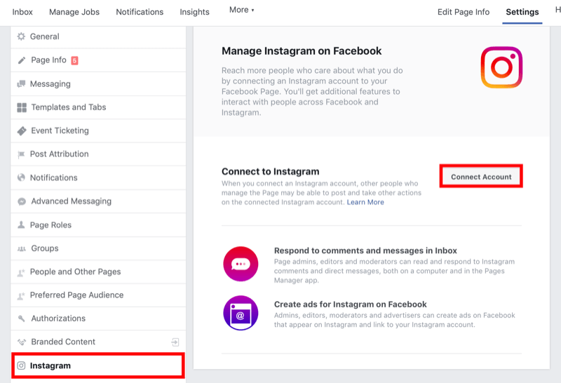 πώς να συνδέσετε τη σελίδα Facebook με τον επαγγελματικό λογαριασμό Instagram στις ρυθμίσεις σελίδας Facebook