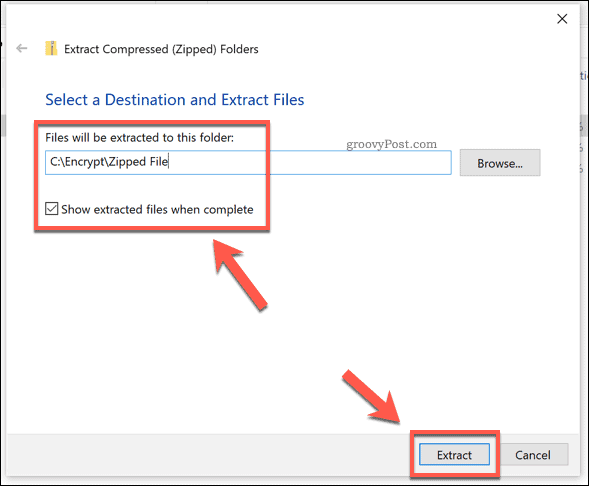 Οι επιλογές εξαγωγής για ένα αρχείο zip των Windows