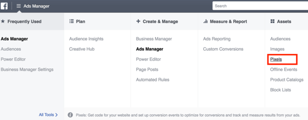 Για να ρυθμίσετε το pixel Facebook, ανοίξτε το Ads Manager για να το επιλέξετε.