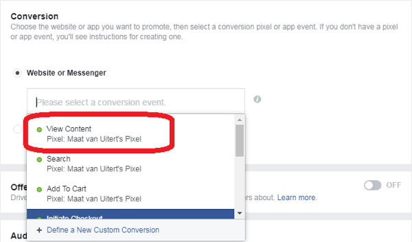 Εάν επιλέξατε Μετατροπές ως στόχο διαφήμισης στο Facebook Messenger, επιλέξτε ένα συμβάν μετατροπής.