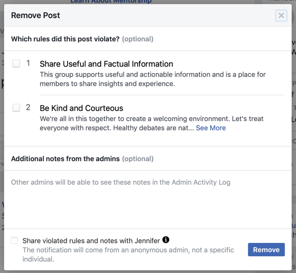 Πώς να βελτιώσετε την κοινότητα της ομάδας σας στο Facebook, παράδειγμα της επιλογής Facebook για τον προσδιορισμό των κανόνων που παραβιάστηκαν μια ανάρτηση, καθώς και την επιλογή ειδοποίησης του μέλους