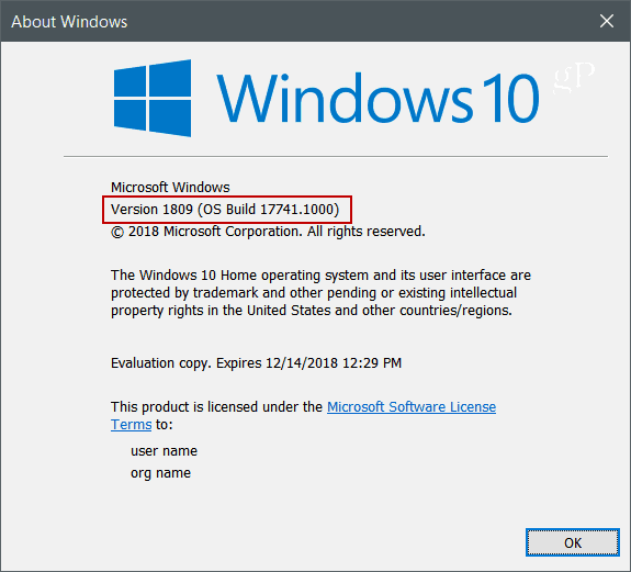 Winver Windows 10 Έκδοση 1809