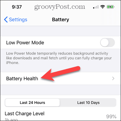 Πατήστε Υγεία μπαταρίας στην οθόνη μπαταρίας iPhone
