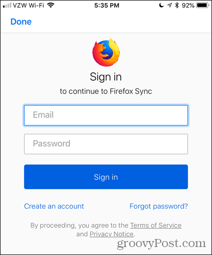 Εισαγάγετε το email και τον κωδικό πρόσβασής σας στο Firefox για iOS