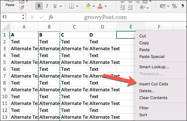 Εισαγάγετε κομμένα κελιά στο Excel