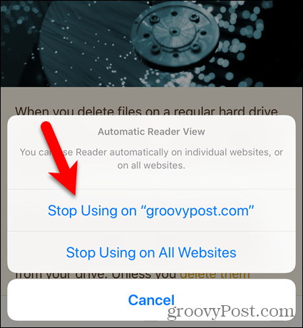 Διακοπή χρήσης της προβολής ανάγνωσης σε έναν ιστότοπο ή σε όλους τους ιστότοπους στο Safari για iOS