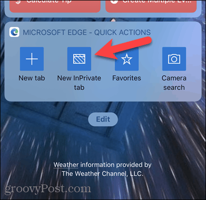 Πατήστε Νέα καρτέλα InPrivate στο widget Edge σε iOS