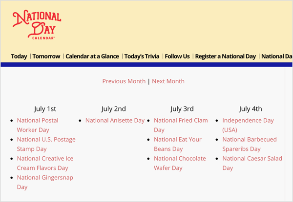 Το Ημερολόγιο Εθνικής Ημέρας είναι ένας πόρος για τυχαίες εξειδικευμένες διακοπές που ευθυγραμμίζονται με τους στόχους μάρκετινγκ.