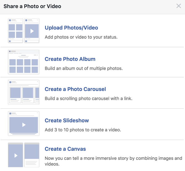 Κατά τη δημιουργία μιας ανάρτησης στο Facebook για ενίσχυση, μην πηγαίνετε πάντα με μία εικόνα. πειραματιστείτε και με άλλες επιλογές πολυμέσων.