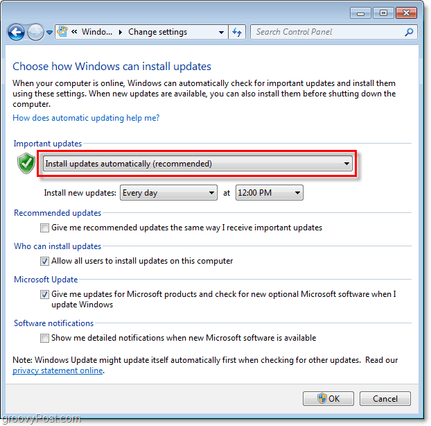 Windows 7 - Στιγμιότυπο του μενού ρύθμισης παραμέτρων του Windows Update