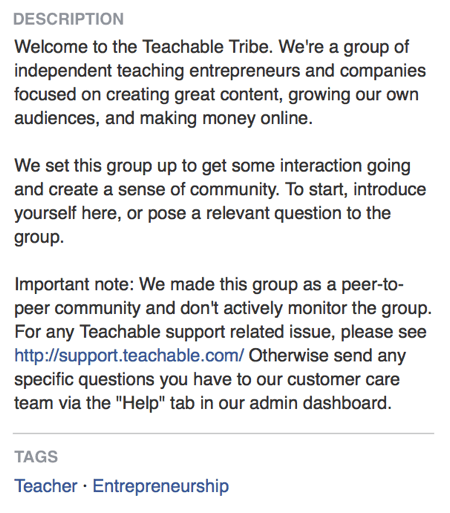 Στην περιγραφή της ομάδας Facebook, το Teachable δηλώνει απευθείας ότι η ομάδα του στο Facebook αφορά τη δημιουργία μιας κοινότητας.