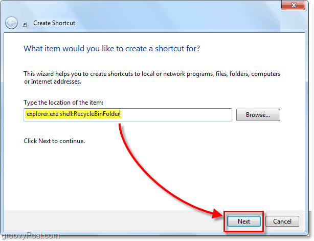 προσθέστε την επέκταση shelle του εξερευνητή του δοχείου ανακύκλωσης ως μια συντόμευση των Windows 7