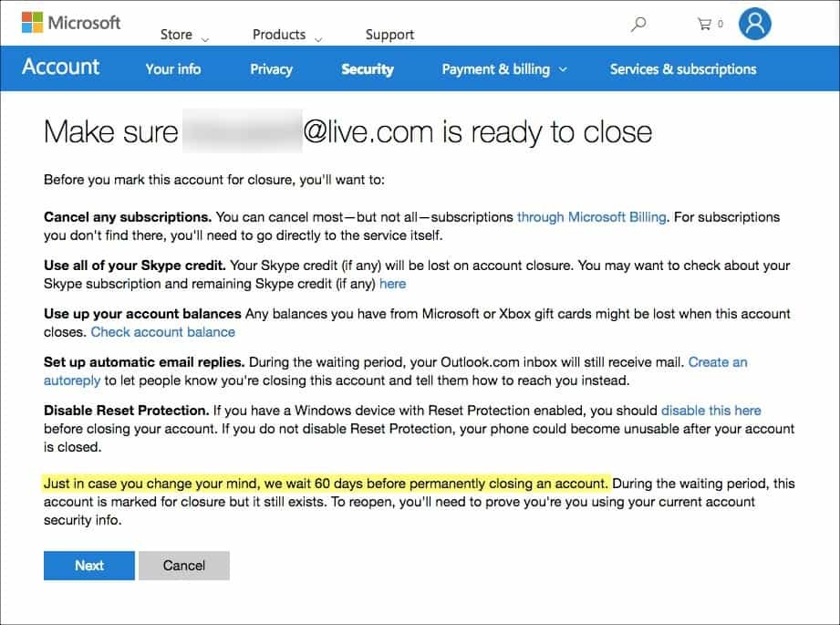 Τρόπος οριστικής διαγραφής του λογαριασμού σας Hotmail, Windows Live και Outlook