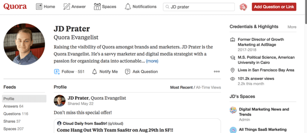 Το προφίλ του JD Prater στο Quora.