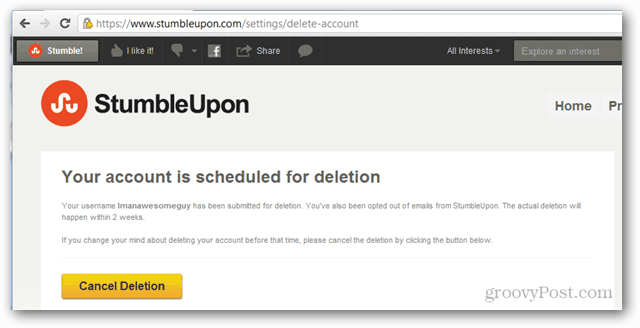 ο λογαριασμός stumbleupon έχει προγραμματιστεί για διαγραφή