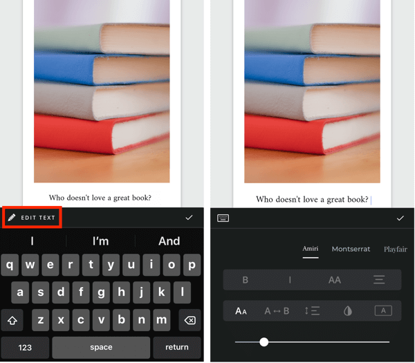 Δημιουργήστε μια ιστορία Unfold Instagram βήμα 5 που δείχνει τις επιλογές επεξεργασίας κειμένου.