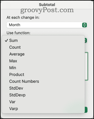 Διαφορετικές συναρτήσεις διαθέσιμες στο διάλογο υποσύνολο στο Excel