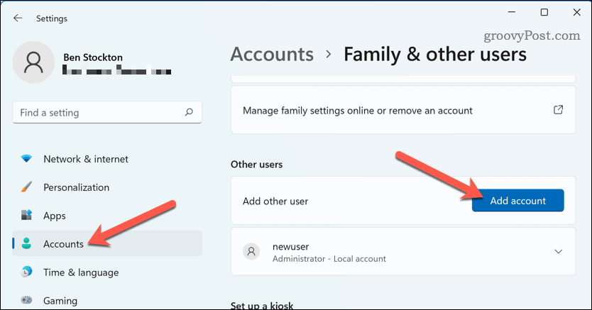 Προσθήκη νέου λογαριασμού στα Windows 11