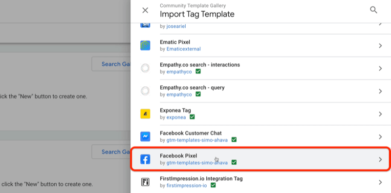 google tag manager κοινότητα προτύπων γκαλερί εισαγωγής μενού προτύπου ετικέτας με παραδείγματα προτύπων ematic pixel, exponea tag, facebook chat chat, μεταξύ άλλων με επισημασμένο facebook pixel