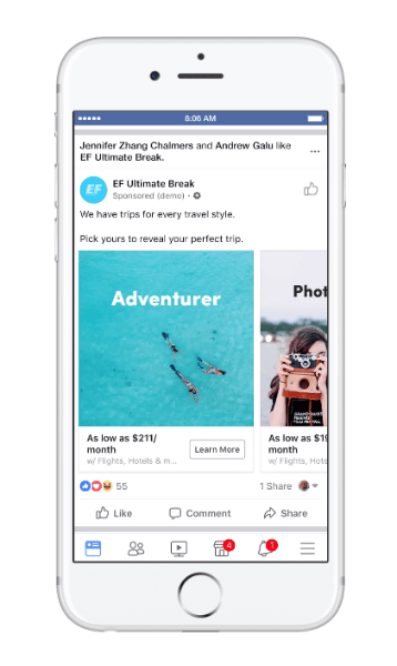 Το Facebook παρουσίασε έναν νέο τύπο δυϊκής διαφήμισης για ταξίδια που ονομάζεται, εξέταση ταξιδιού.
