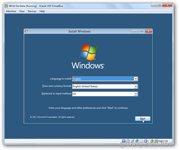 Το μενού εγκατάστασης του VirtualBox των Windows 8