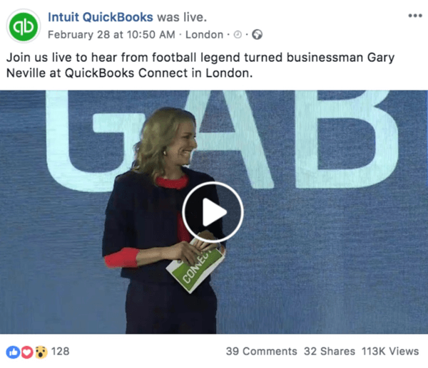 Παράδειγμα ανάρτησης στο Facebook που ανακοινώνει ένα επερχόμενο ζωντανό βίντεο από το Intuit Quickooks.