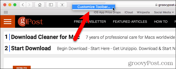 Επιλέξτε Προσαρμογή γραμμής εργαλείων στο Safari για Mac