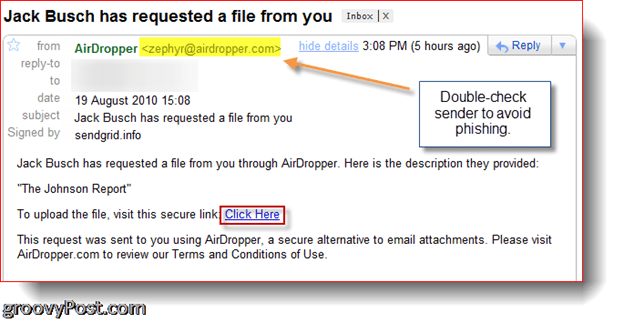 AirDropper Dropbox - Email ζητώντας αρχείο