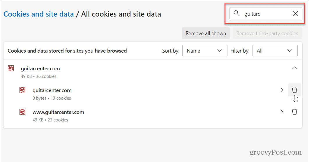 διαγράψτε τα cookies από τη λίστα